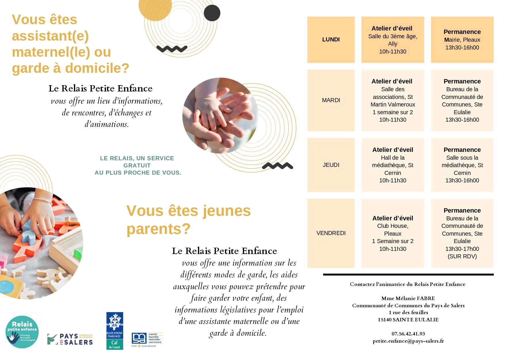 horaires d'ateliers et de permanences du Relais Petite Enfance